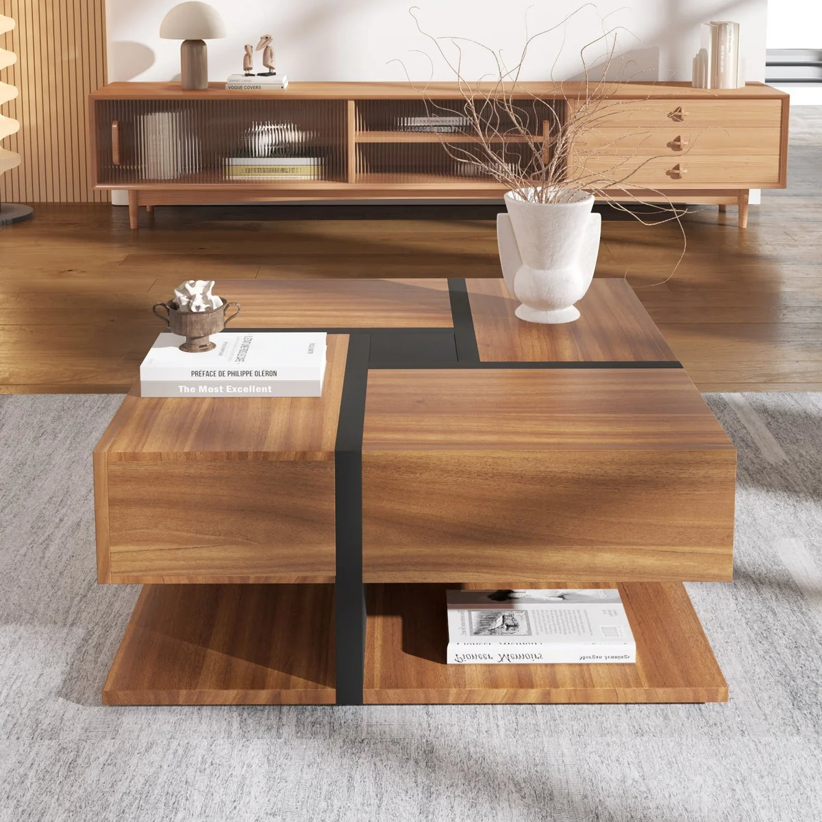 Table basse carrée bois et noir avec tiroirs de rangement