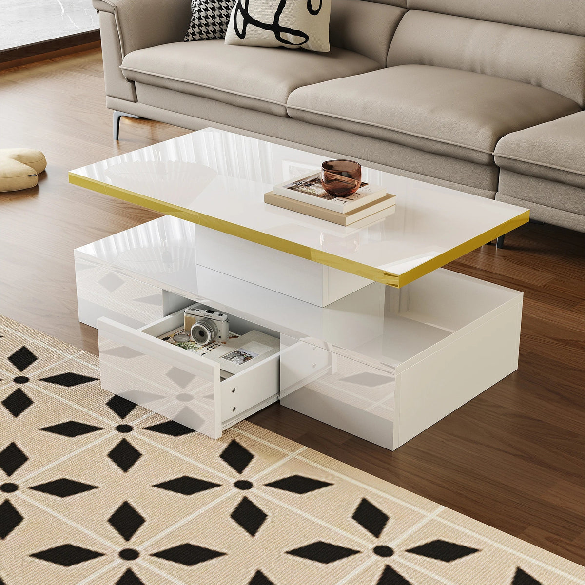 Table basse laquée à 2 niveaux avec tiroir et LED