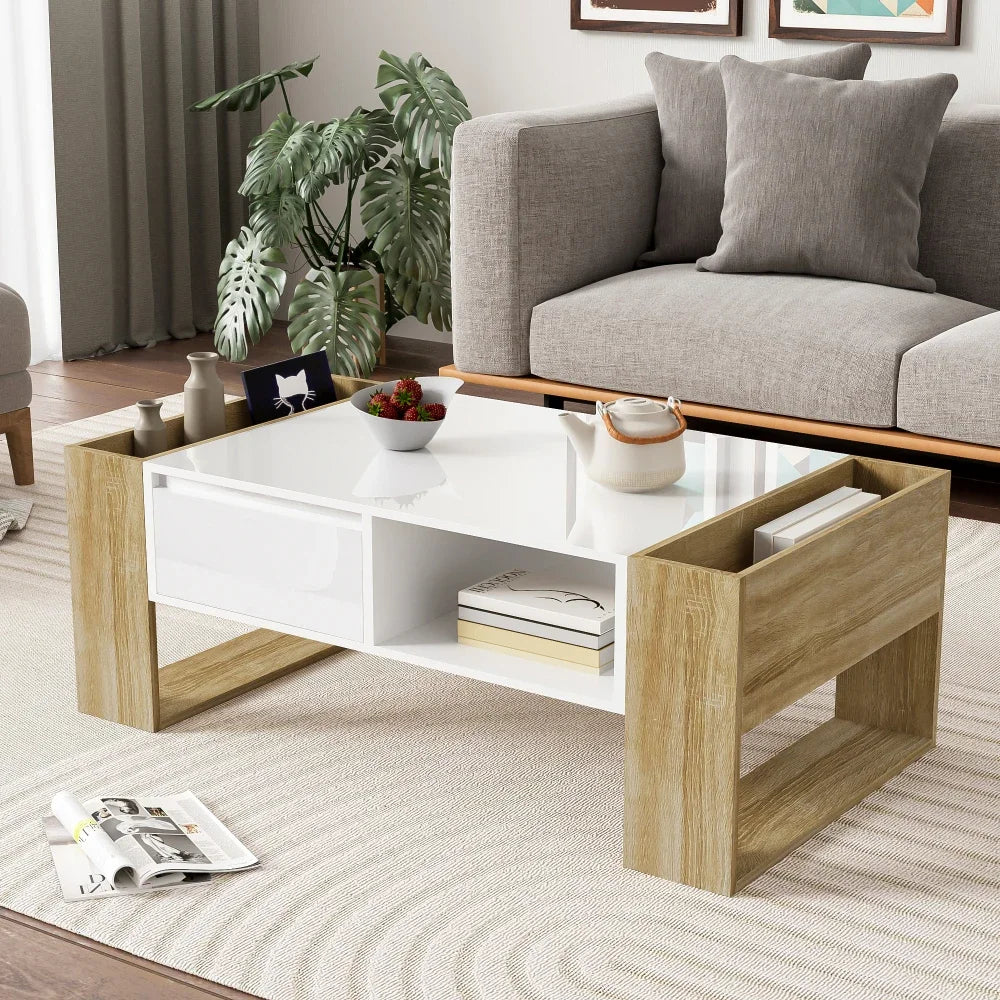 Table basse blanche et bois 105 cm, tiroir et niches