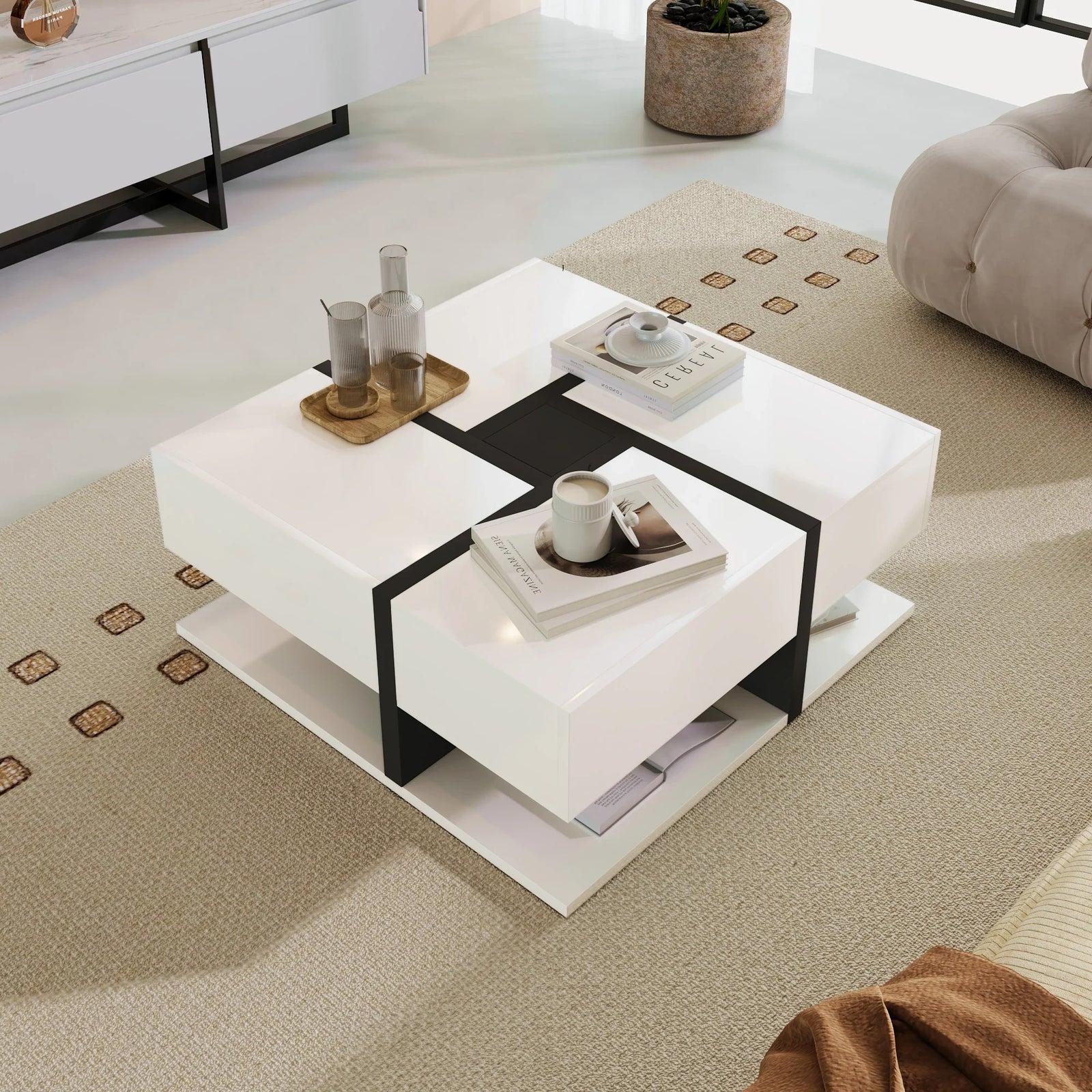Table basse carrée moderne noire et blanche avec rangements