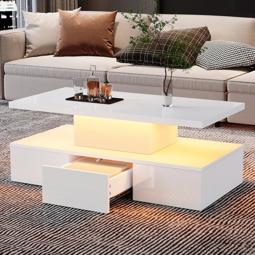 Table basse noire double plateau, LED 16 couleurs