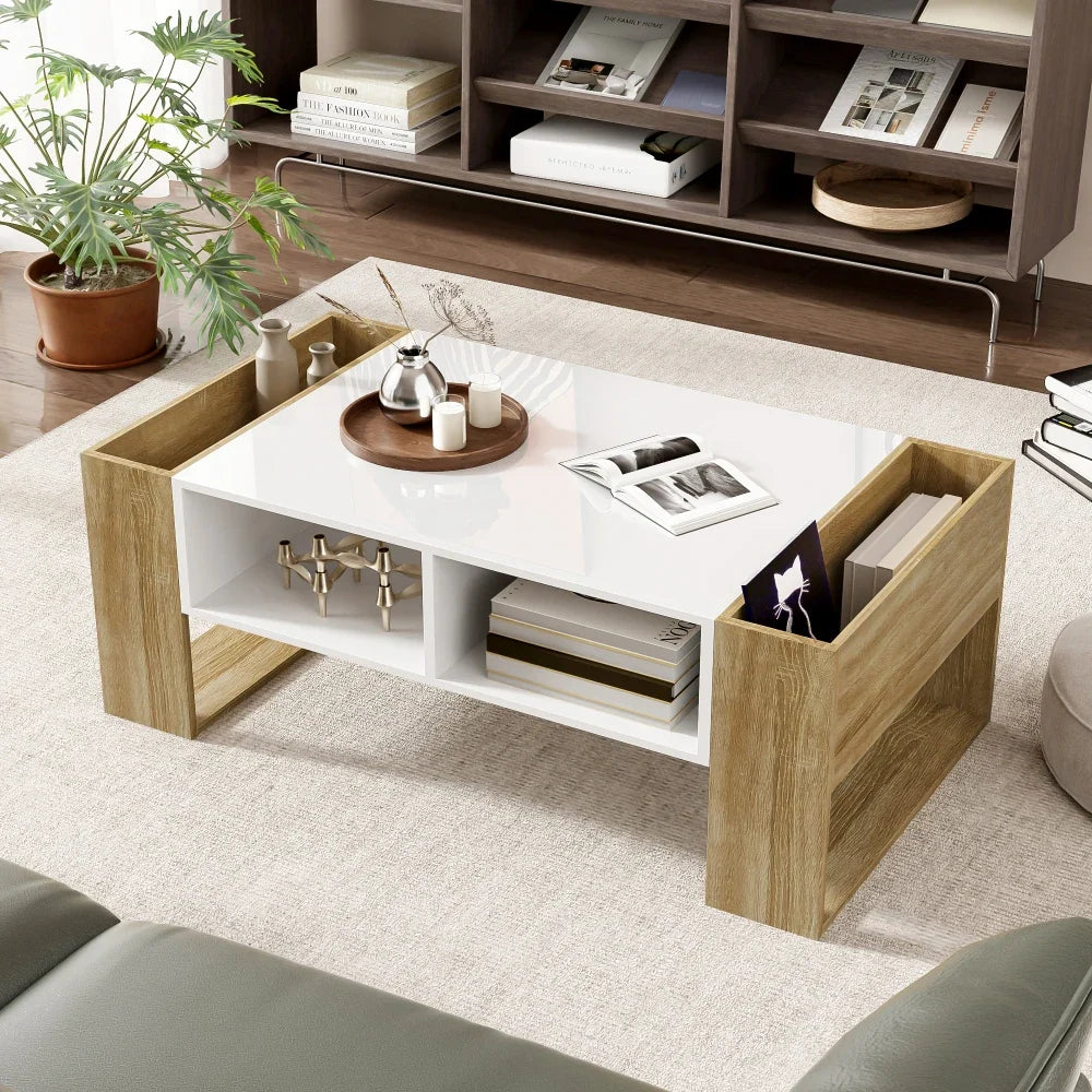 Table basse blanche et bois 105 cm, tiroir et niches