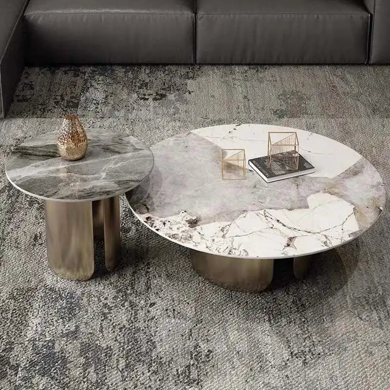 Table basse gigogne ronde en marbre et métal doré