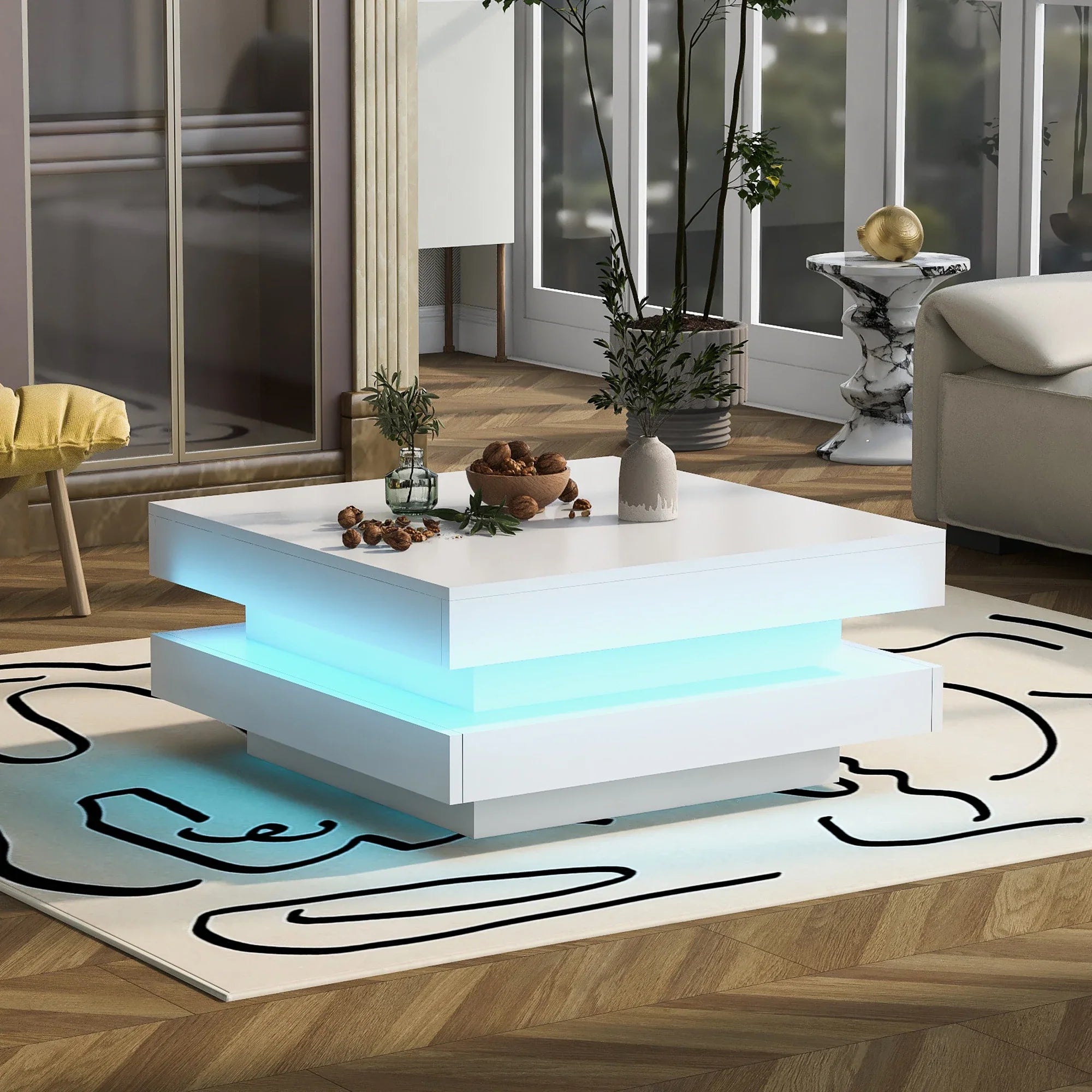 Table basse carrée blanche avec LED et plateau pivotant