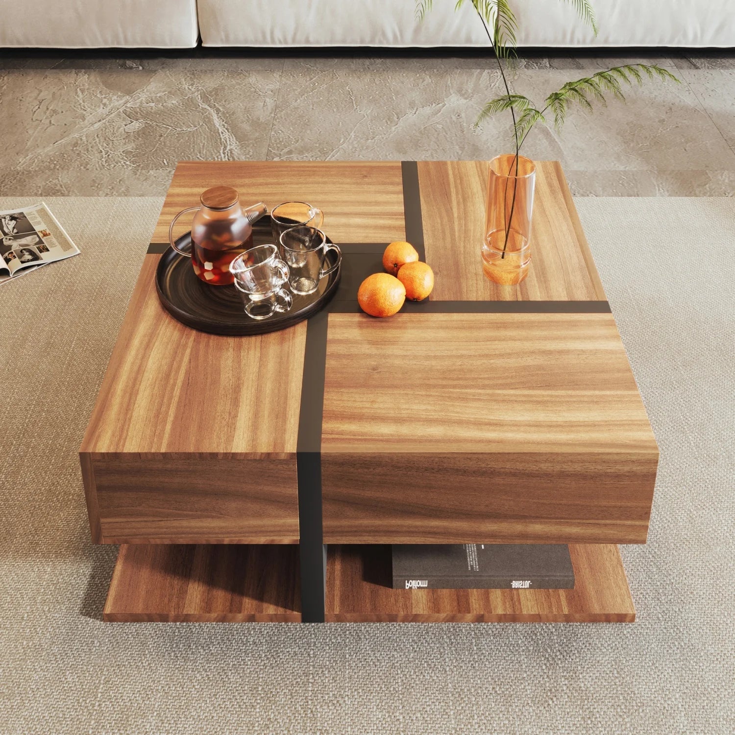 Table basse carrée bois et noir avec tiroirs de rangement