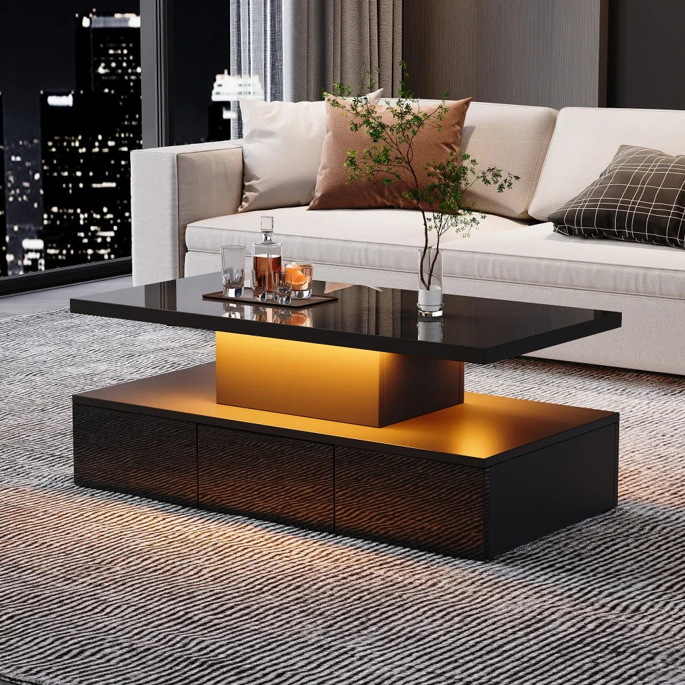 Table basse noire double plateau, LED 16 couleurs