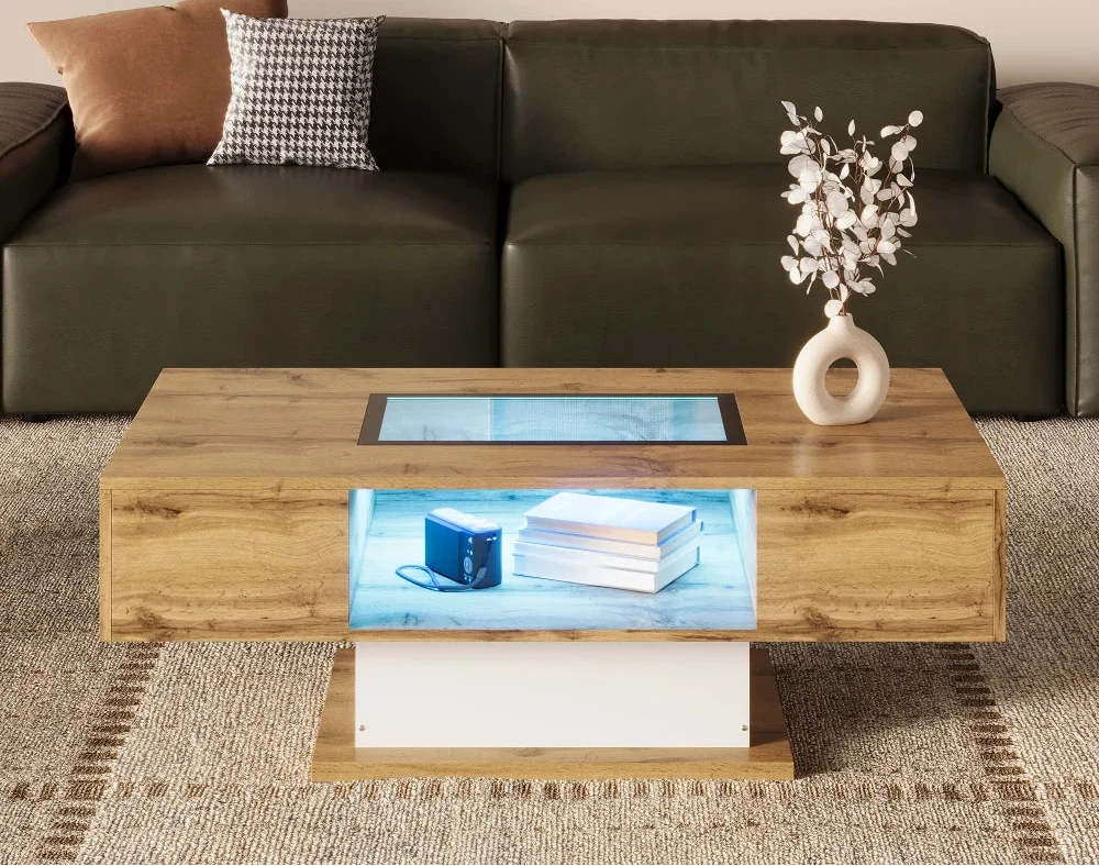 Table basse bois et verre moderne avec LED et rangements