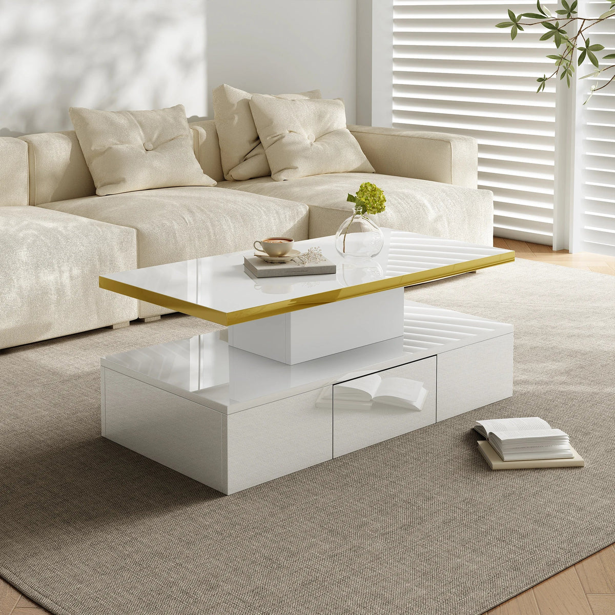Table basse laquée à 2 niveaux avec tiroir et LED
