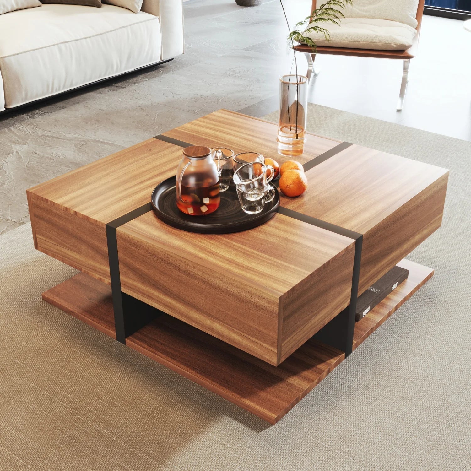 Table basse carrée bois et noir avec tiroirs de rangement