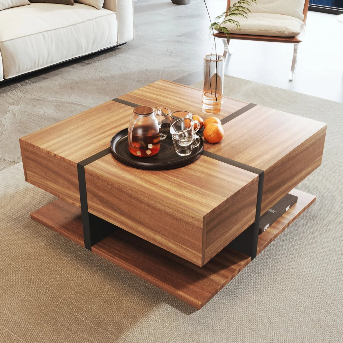Table basse carrée bois et noir avec tiroirs de rangement