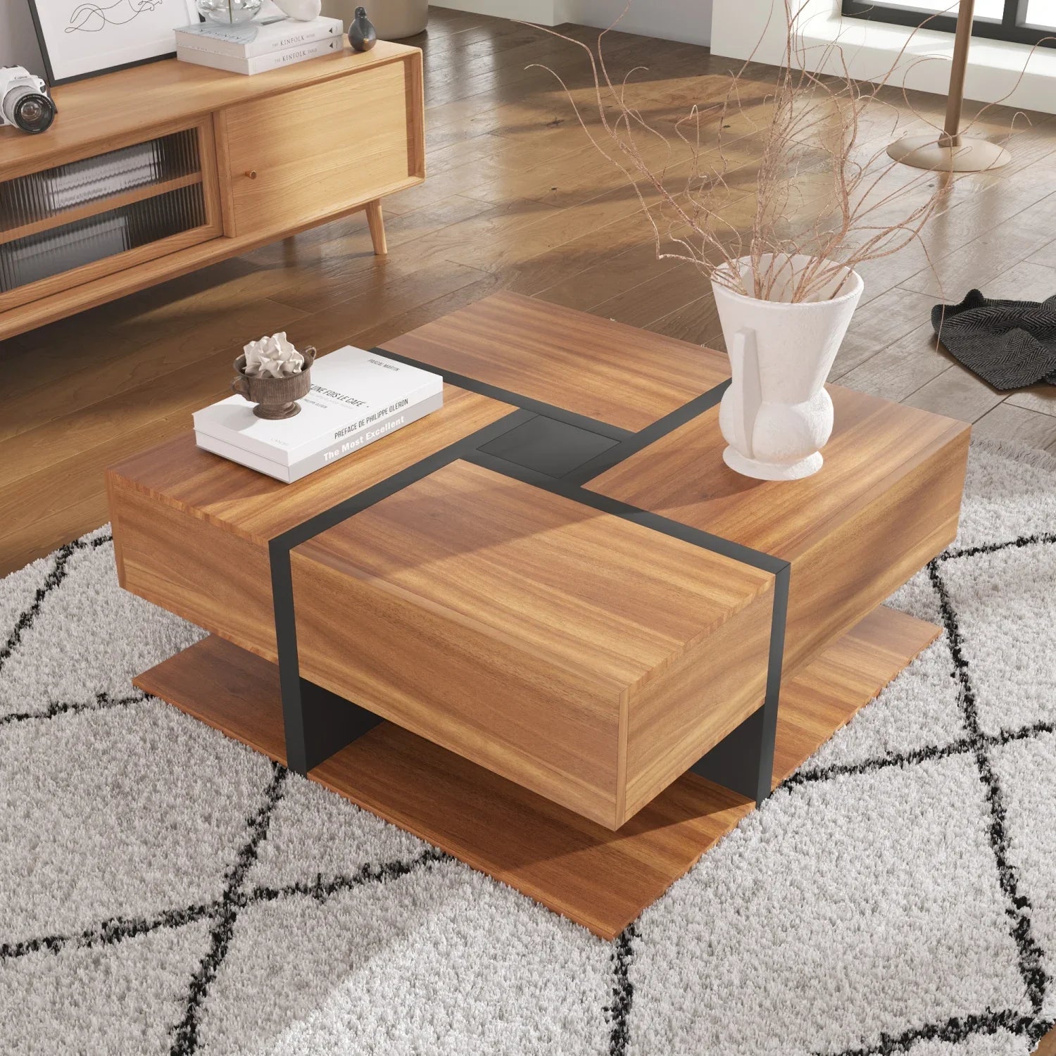 Table basse carrée bois et noir avec tiroirs de rangement