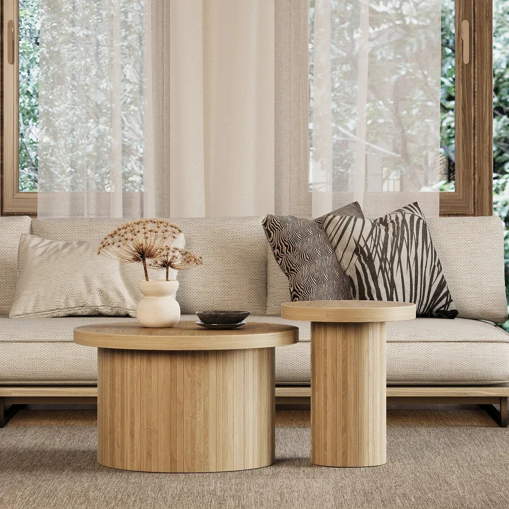 Table basse gigogne ronde en bois naturel ajouré