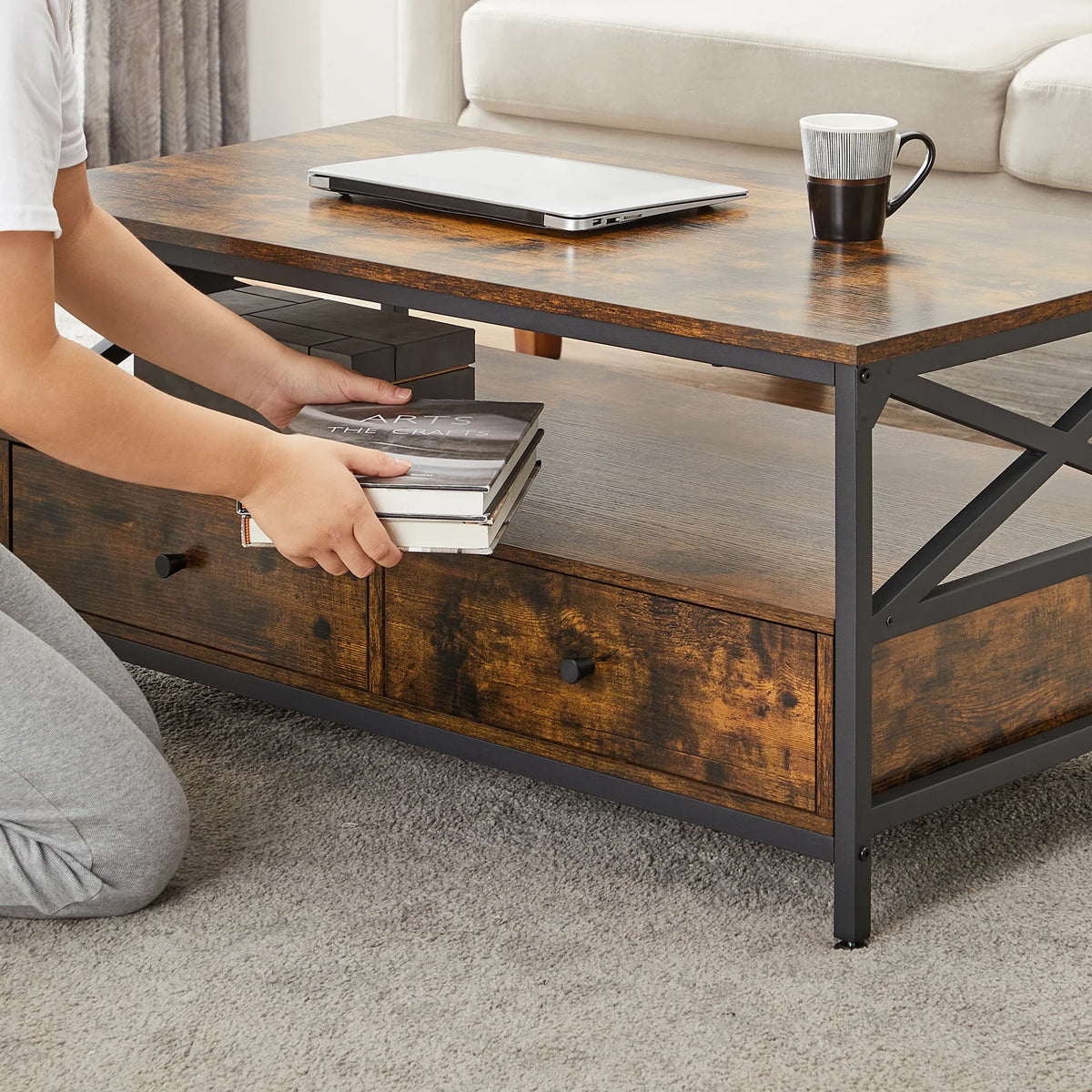 Table basse bois rectangulaire avec rangement style campagne