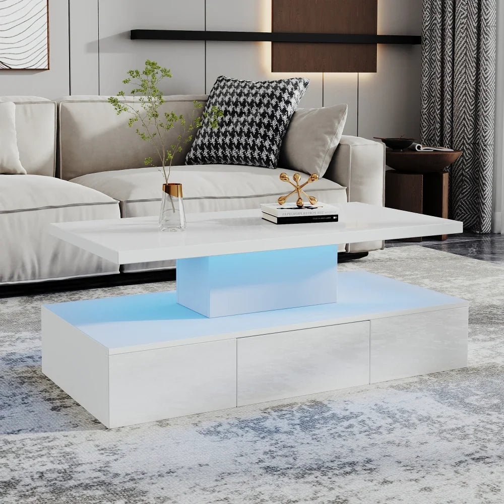 Table basse noire double plateau, LED 16 couleurs