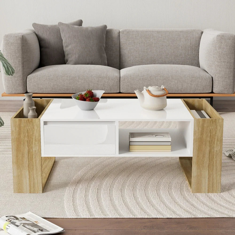 Table basse blanche et bois 105 cm, tiroir et niches