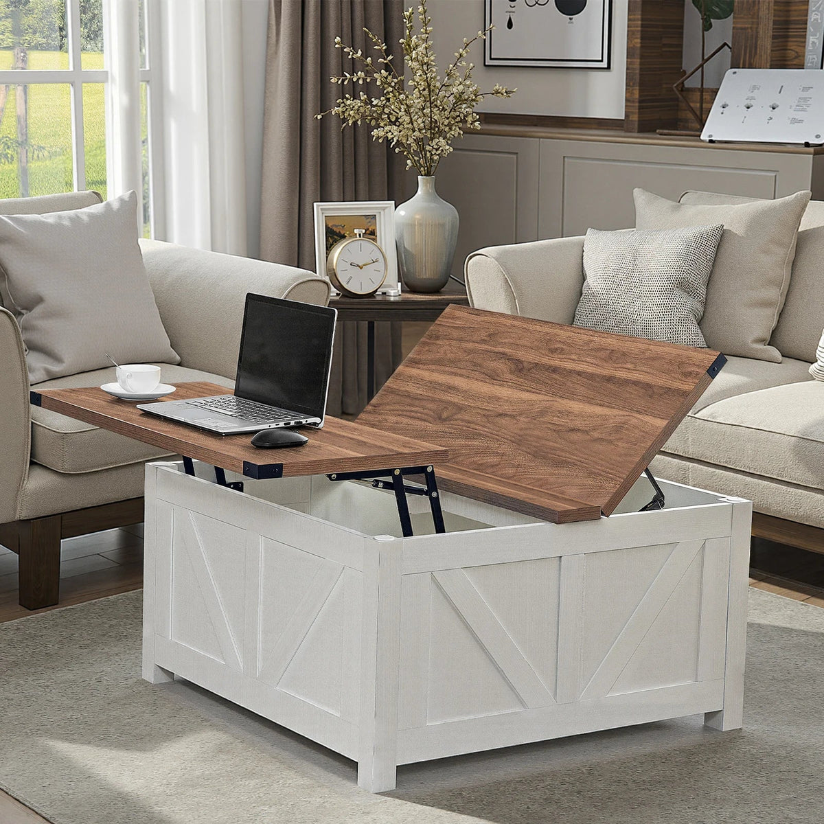 Table basse carrée à plateau relevable en bois design