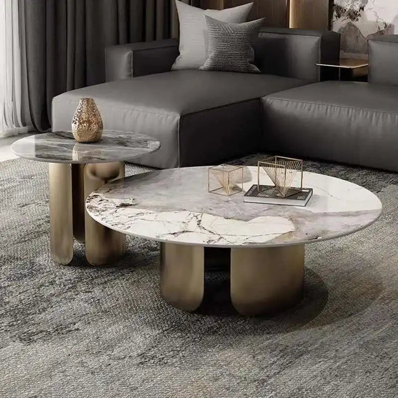Table basse gigogne ronde en marbre et métal doré