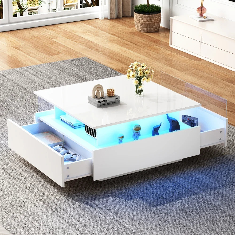 Table basse carrée avec vitrine et LED