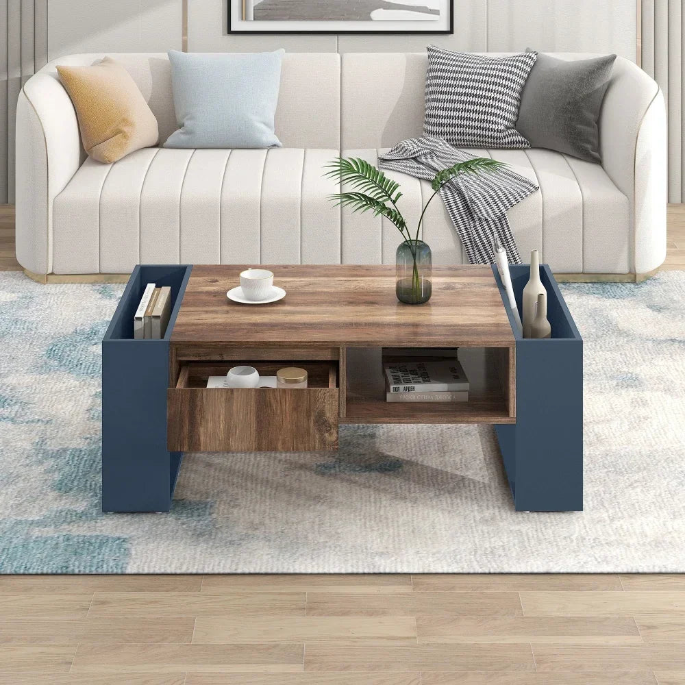 Table basse bois et bleu profond 105 cm avec tiroir