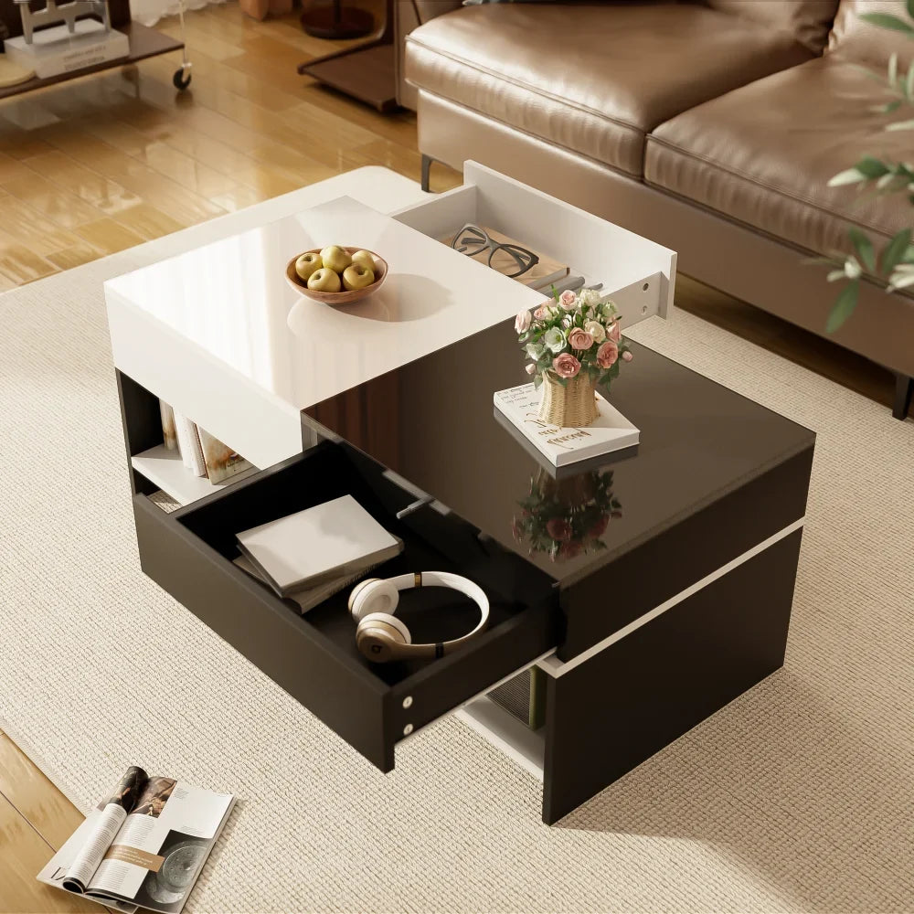 Table basse rectangulaire noire et blanche design avec rangements