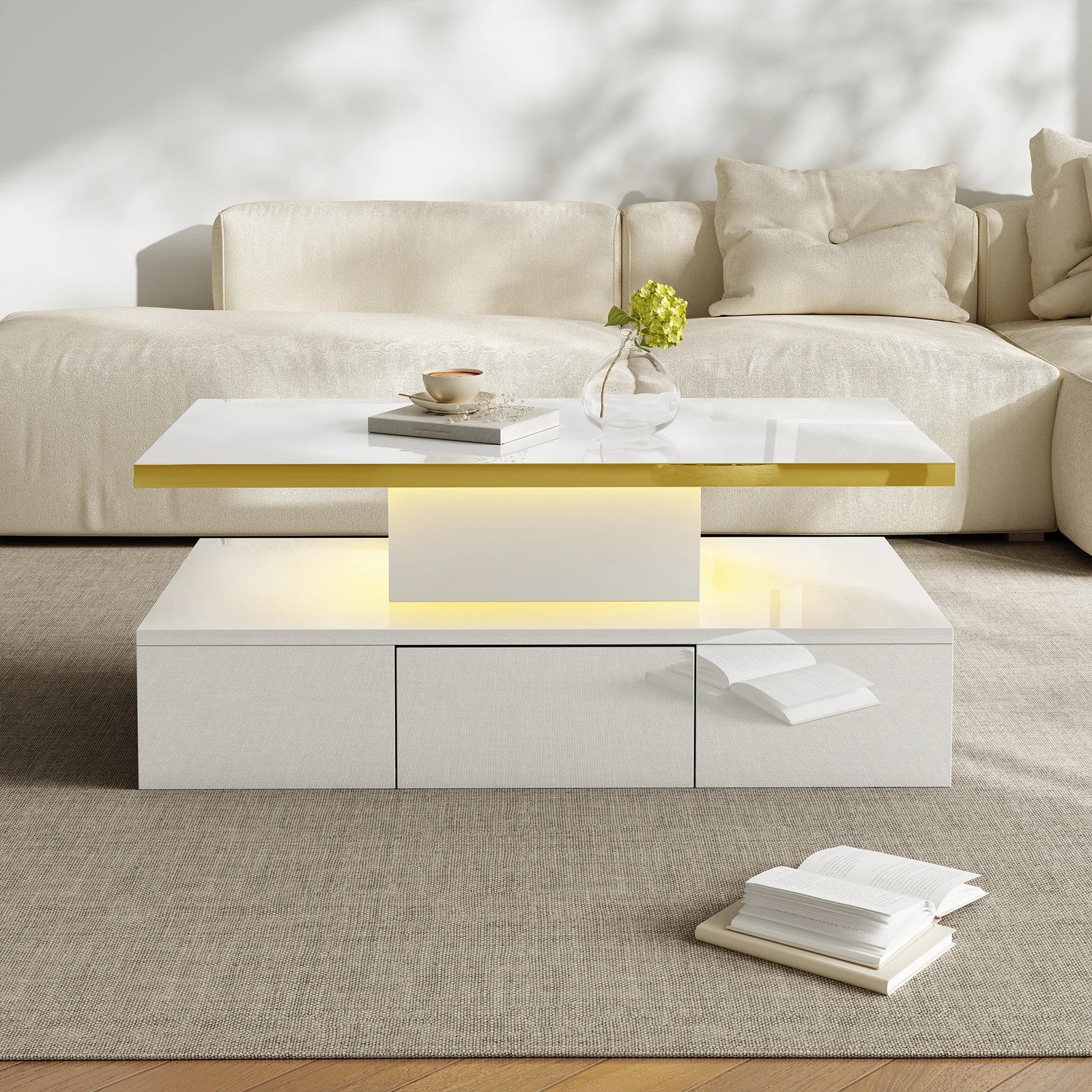 Table basse laquée à 2 niveaux avec tiroir et LED