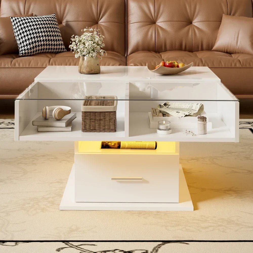 Table basse relevable avec LED et rangement
