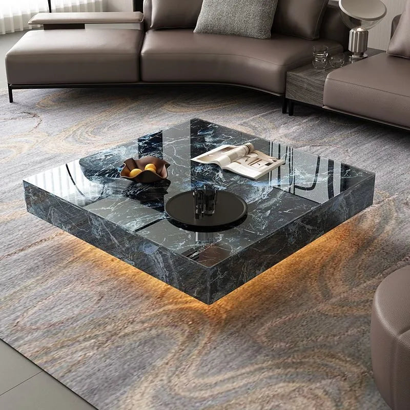 Table basse carrée effet marbre avec plateau en verre trempé