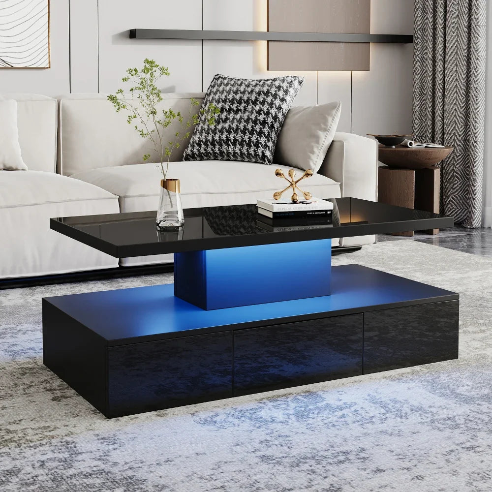 Table basse noire double plateau, LED 16 couleurs
