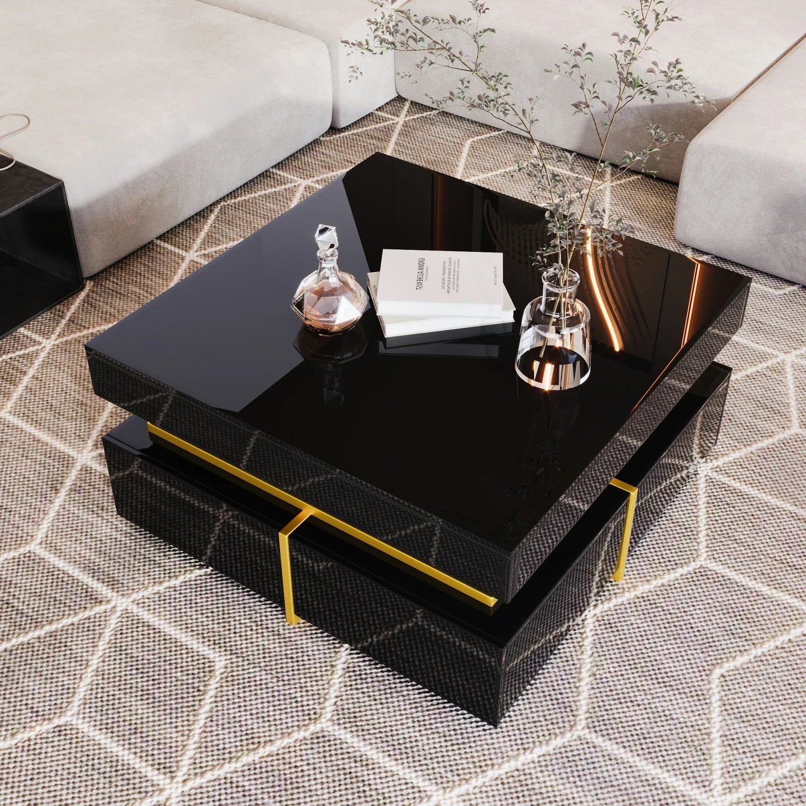 Table basse carrée noire et dorée avec rangements design