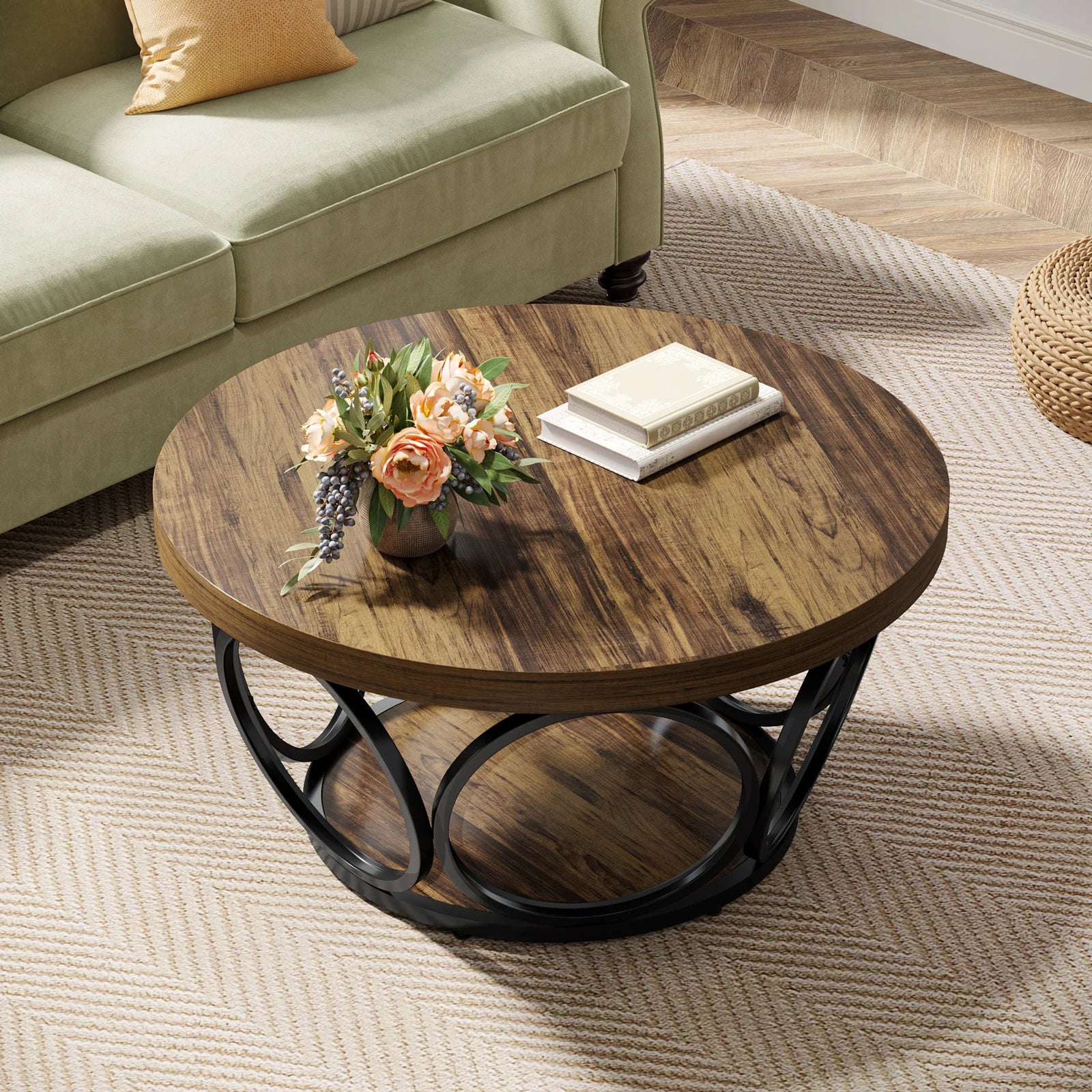 Table basse ronde 80 cm avec étagère, bois et métal