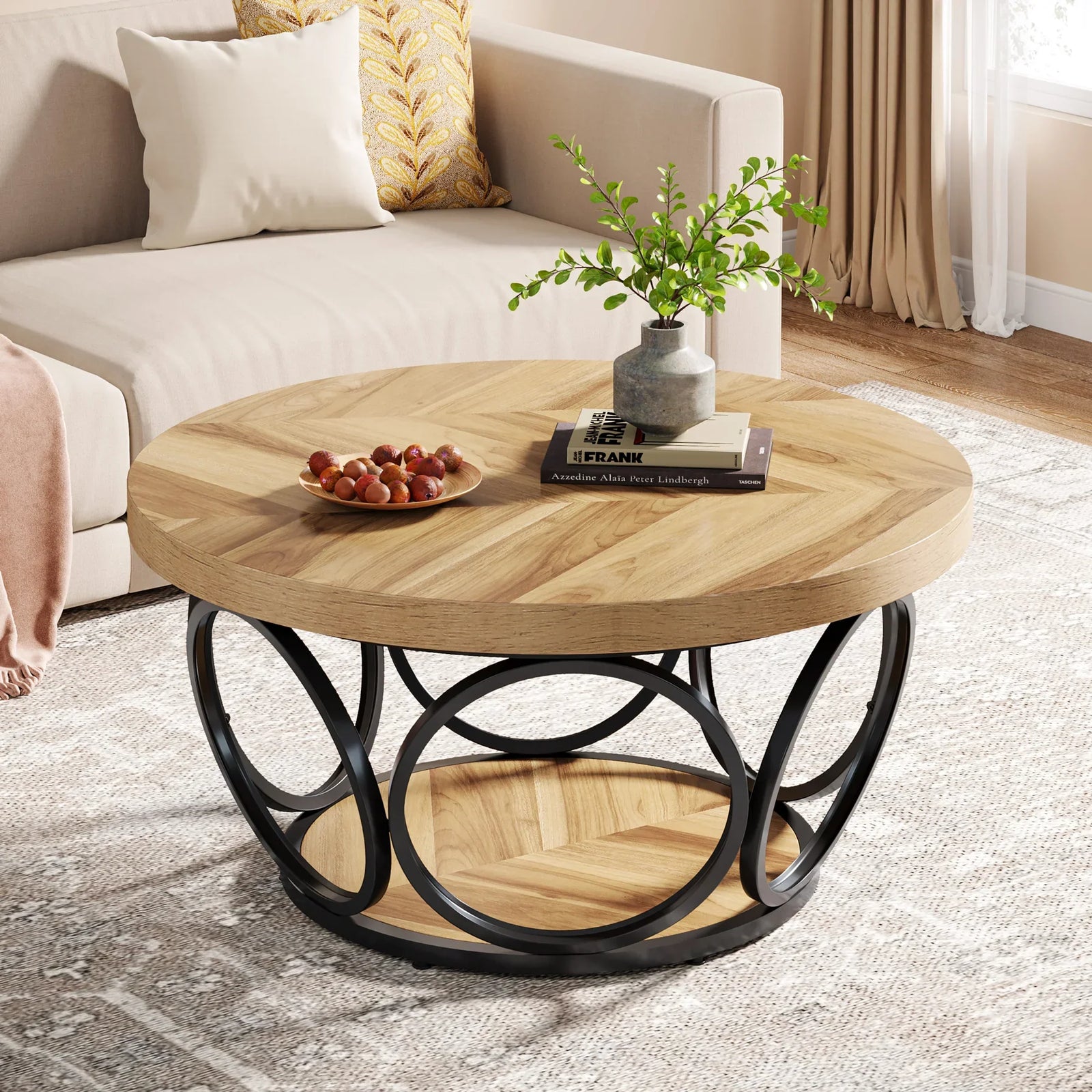 Table basse ronde 80 cm avec étagère, bois et métal