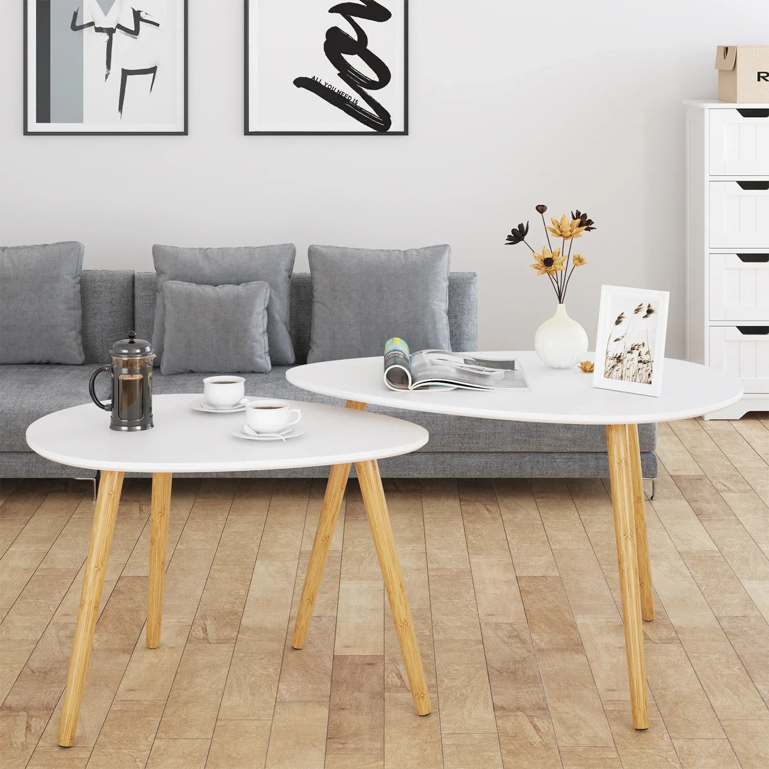 Table basse gigogne ovale blanche et bois scandinave