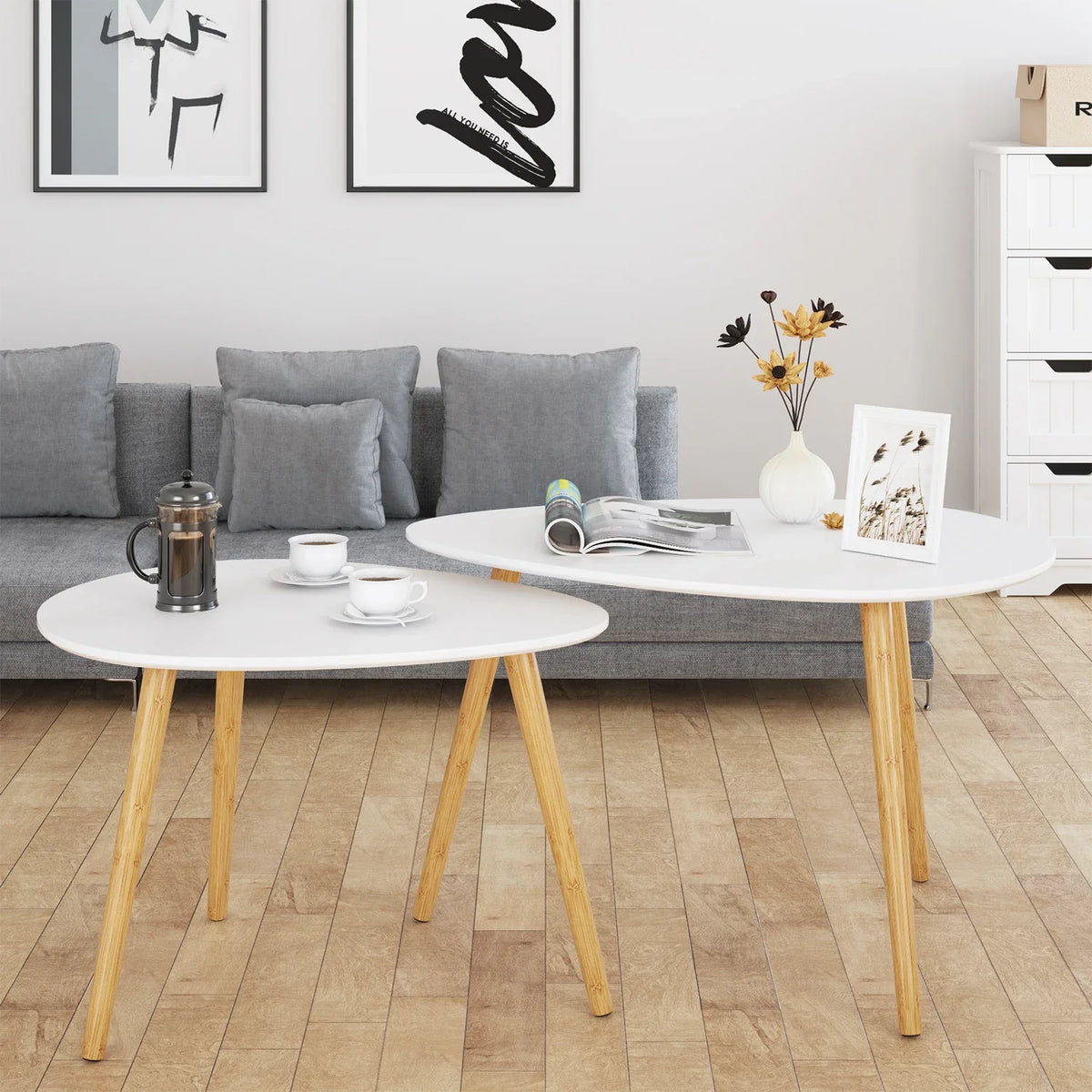 Table basse gigogne ovale blanche et bois scandinave