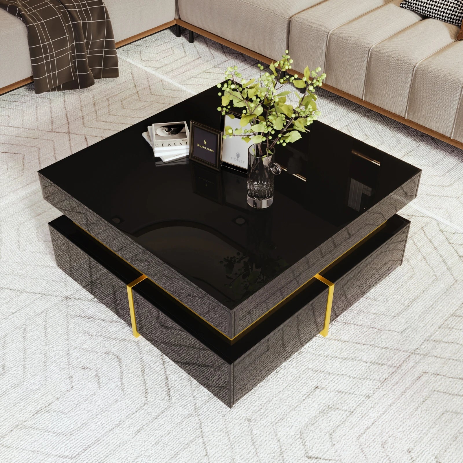 Table basse carrée noire et dorée avec rangements design