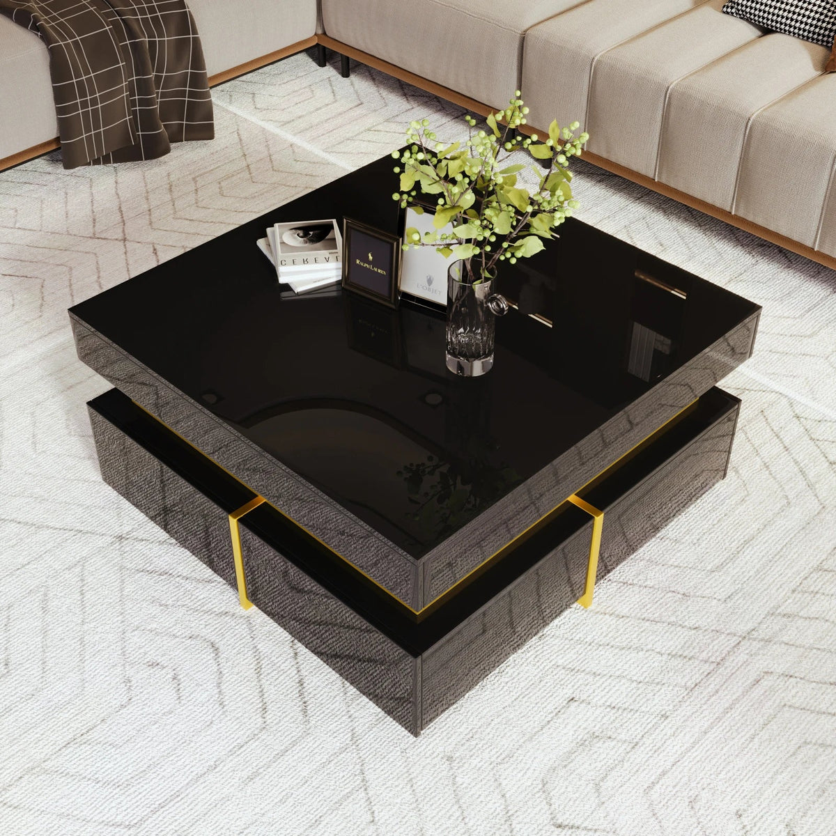 Table basse carrée noire et dorée avec rangements design