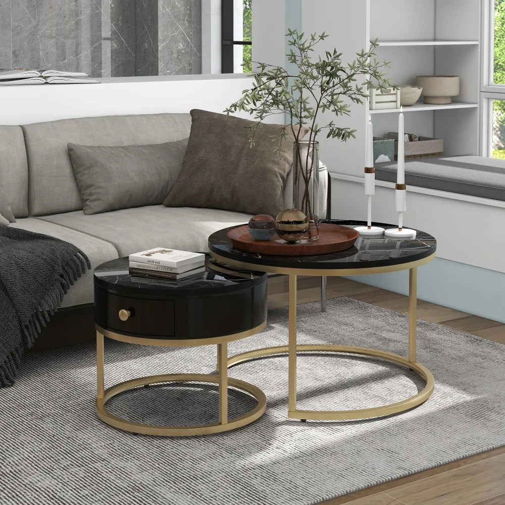 Table basse gigogne ronde effet marbre noir et doré