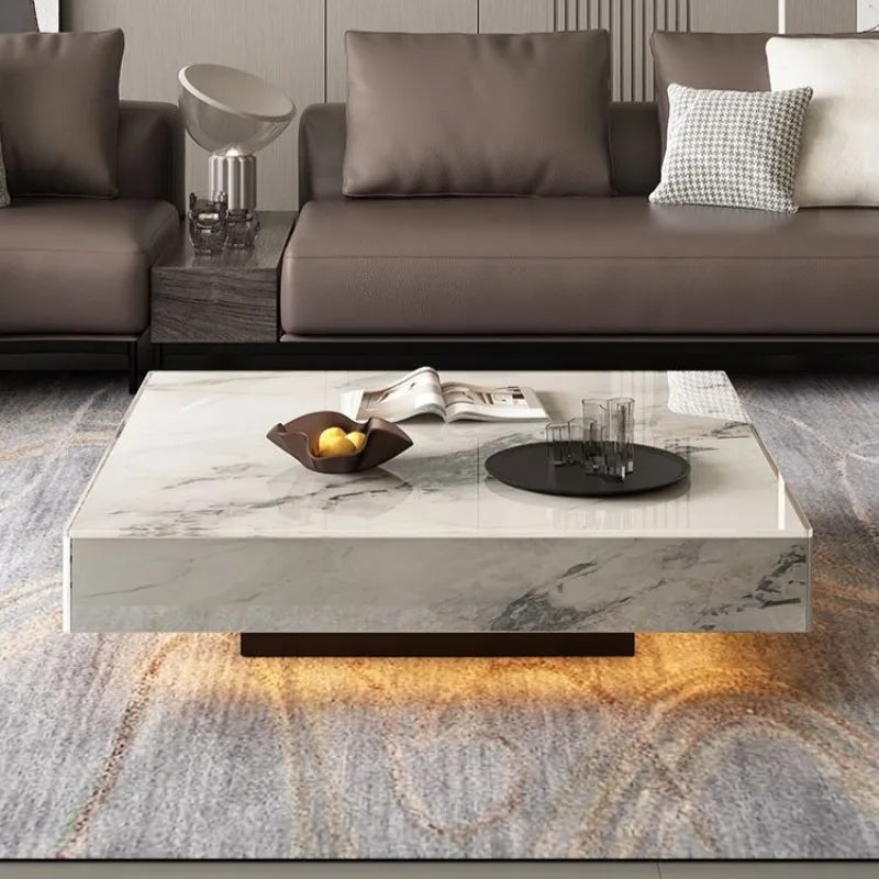 Table basse carrée effet marbre avec plateau en verre trempé