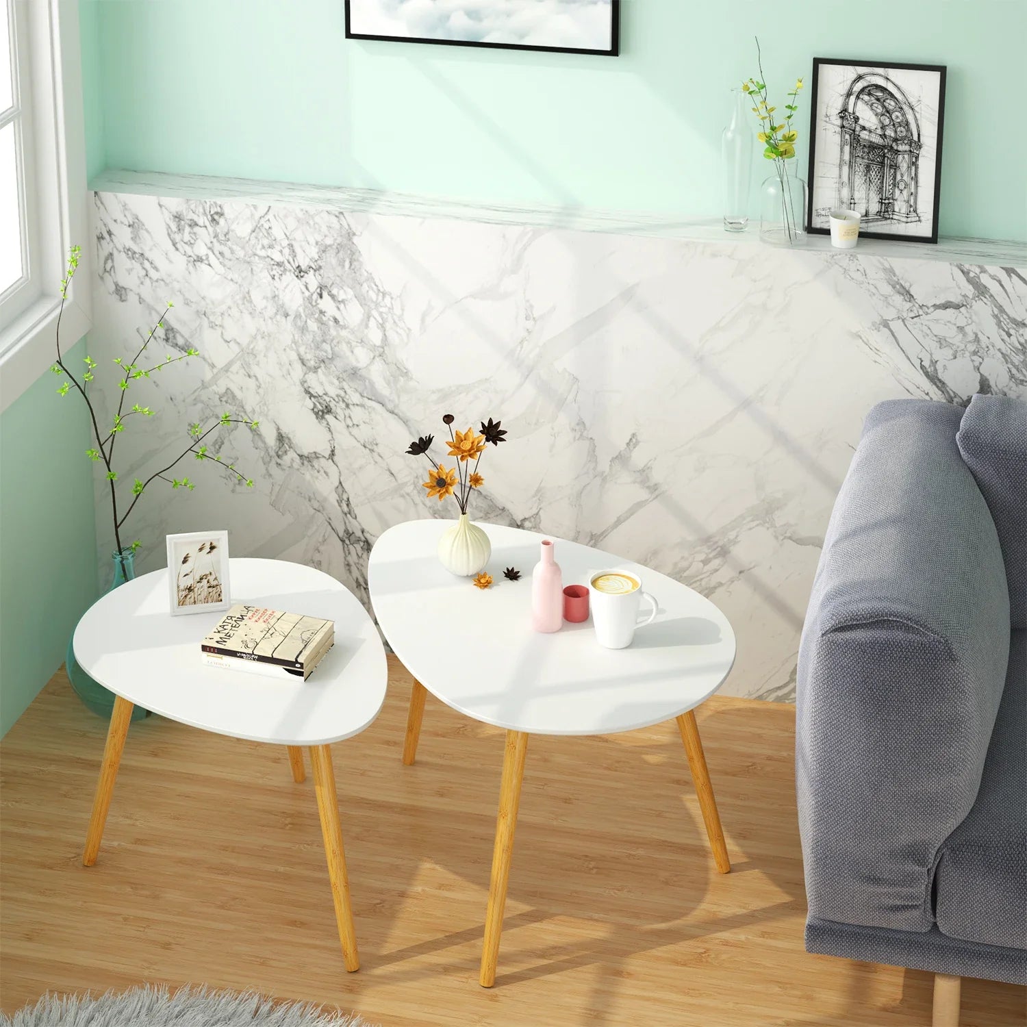 Table basse gigogne ovale blanche et bois scandinave