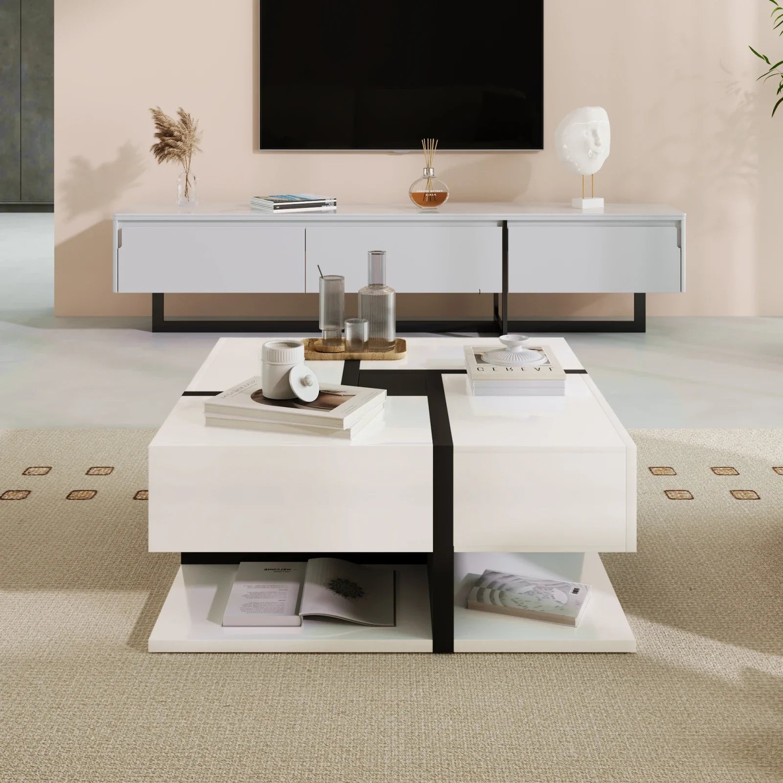 Table basse carrée moderne noire et blanche avec rangements