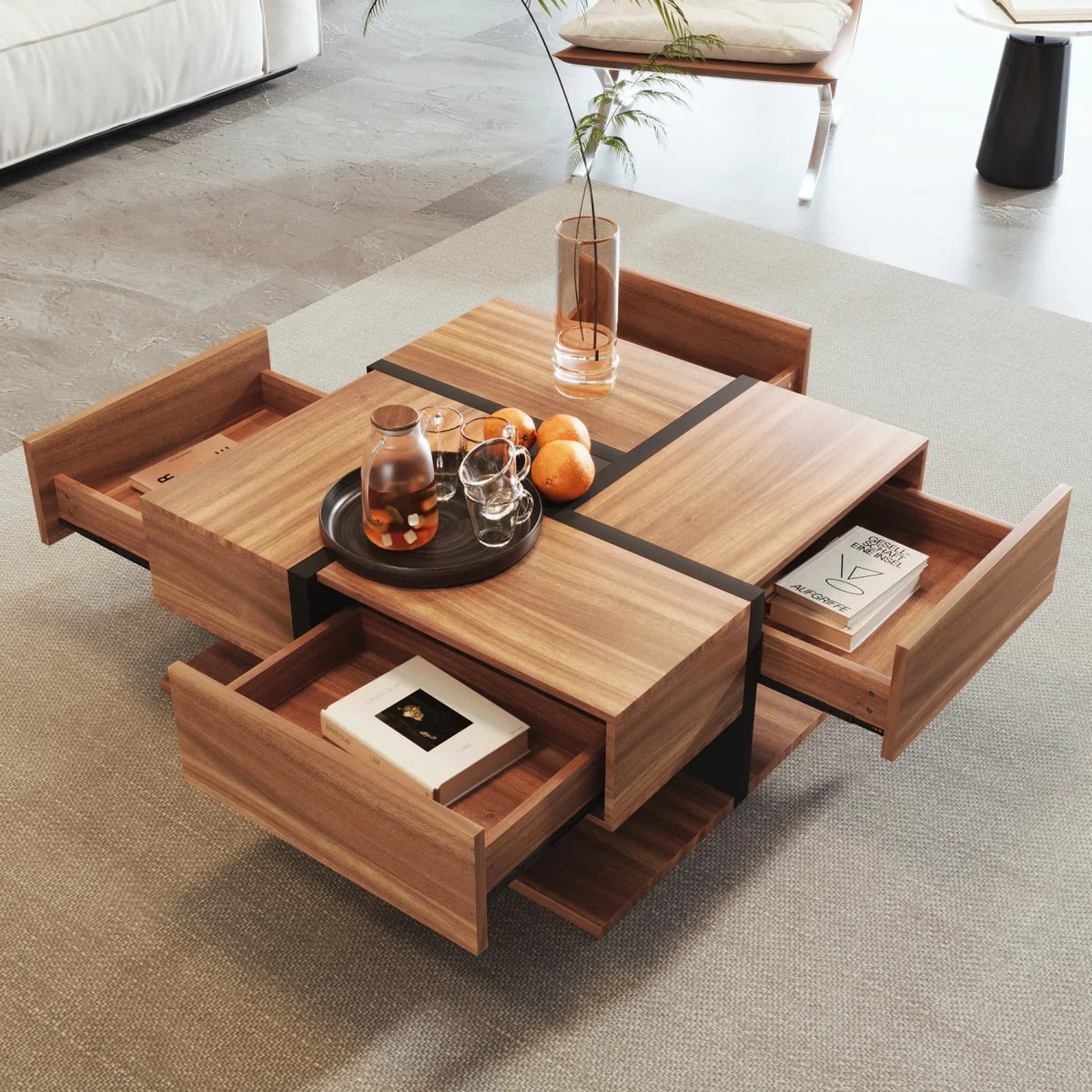 Table basse carrée bois et noir avec tiroirs de rangement