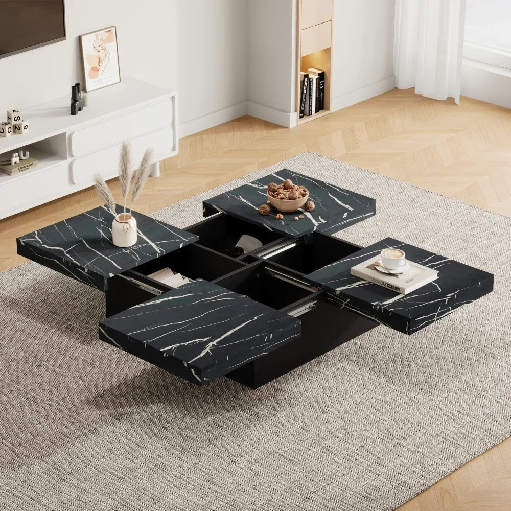 Table basse carrée avec tiroirs et plateau coulissant