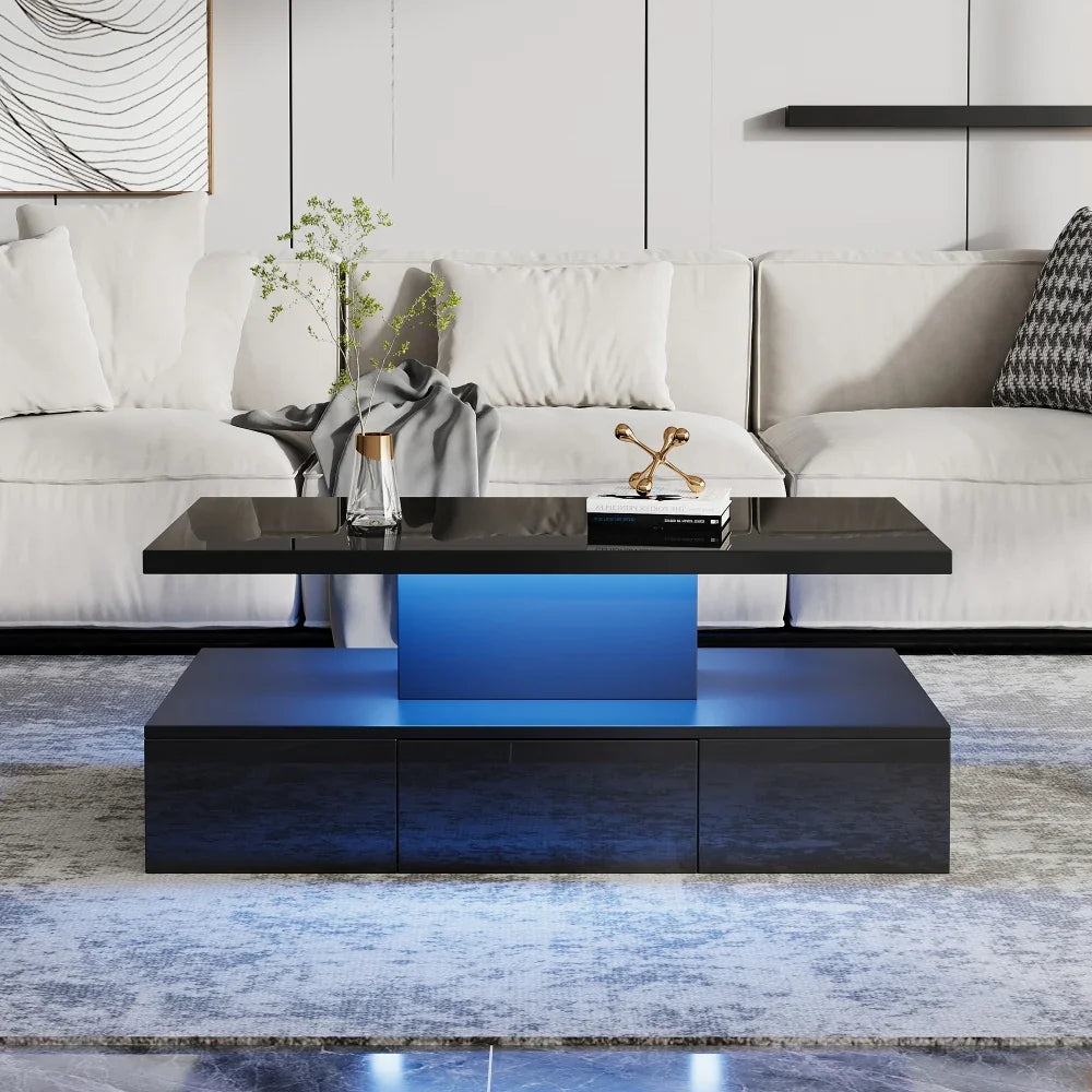 Table basse noire double plateau, LED 16 couleurs