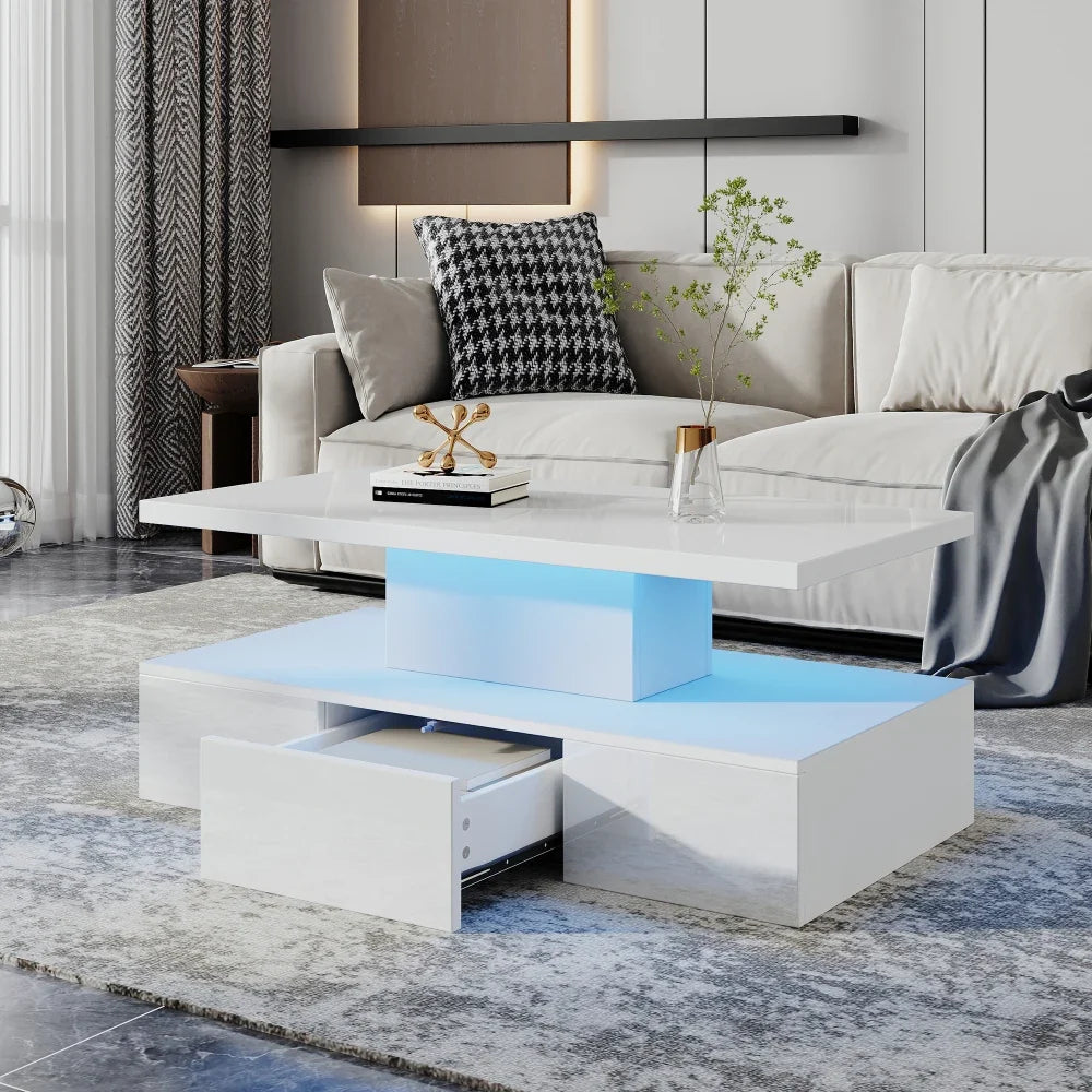 Table basse noire double plateau, LED 16 couleurs