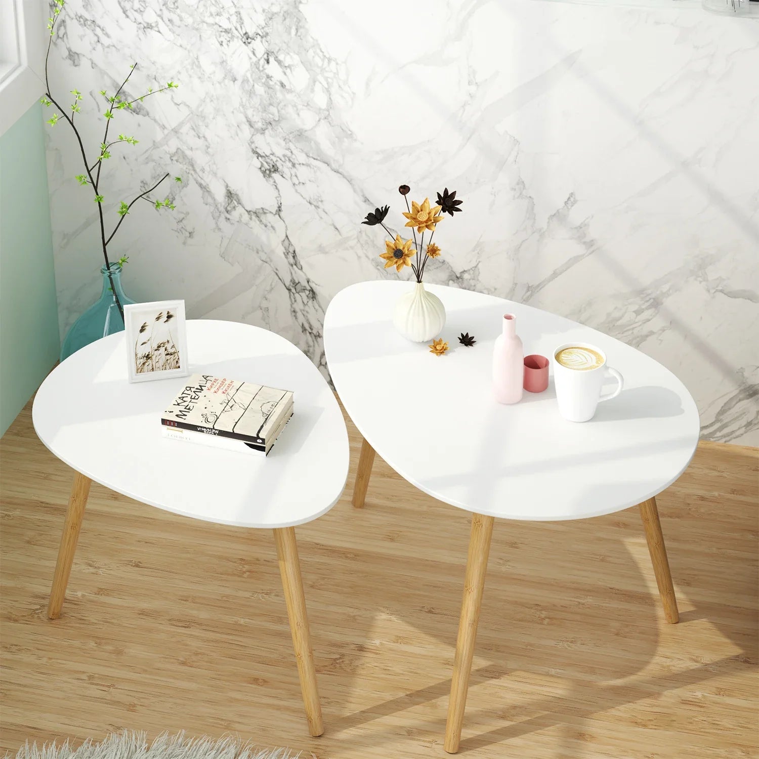 Table basse gigogne ovale blanche et bois scandinave