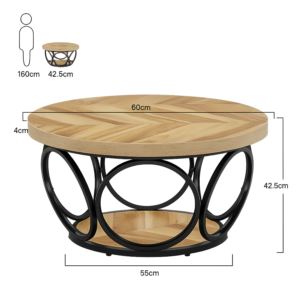 Table basse ronde 80 cm avec étagère, bois et métal