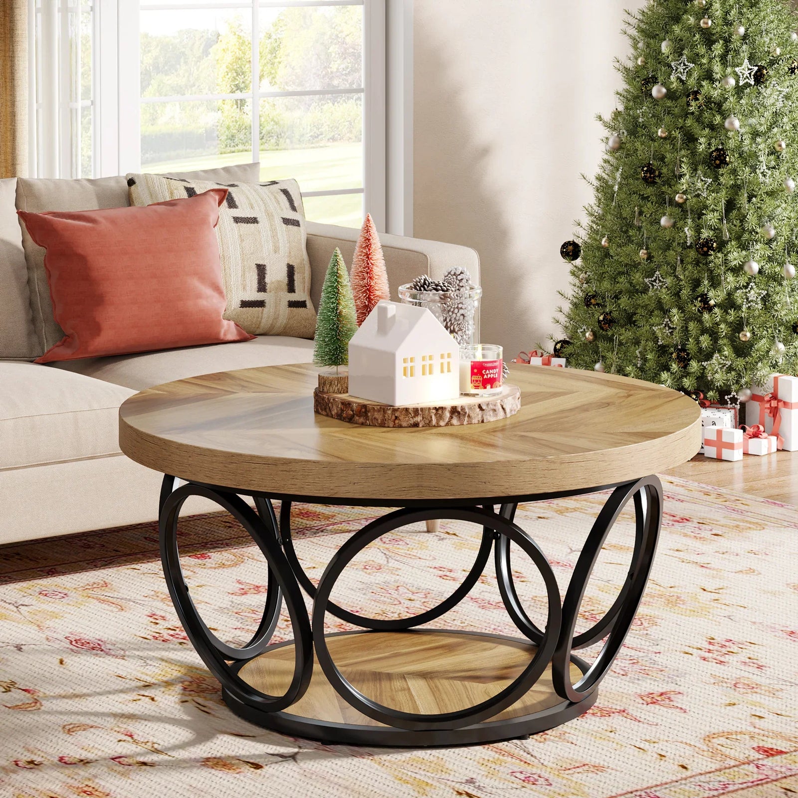 Table basse ronde 80 cm avec étagère, bois et métal