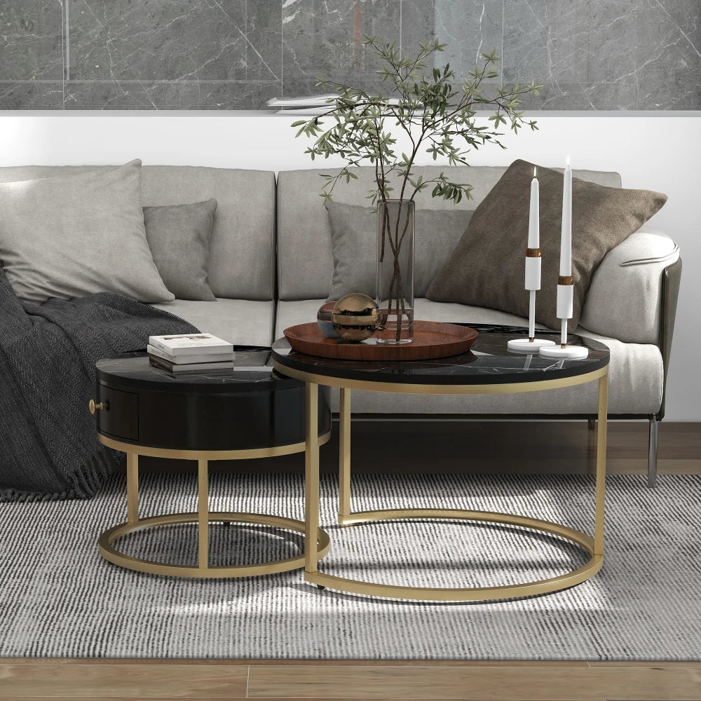 Table basse gigogne ronde effet marbre noir et doré