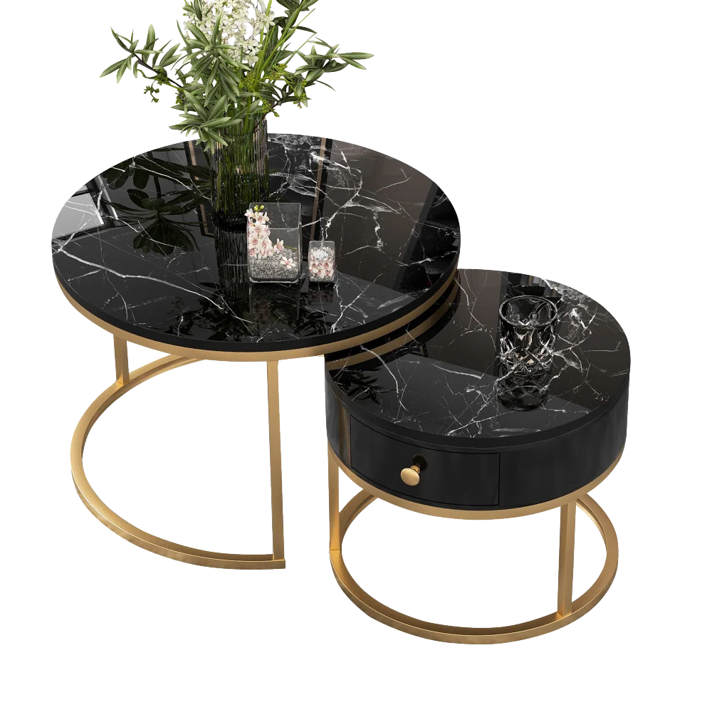 Table basse gigogne ronde effet marbre noir et doré