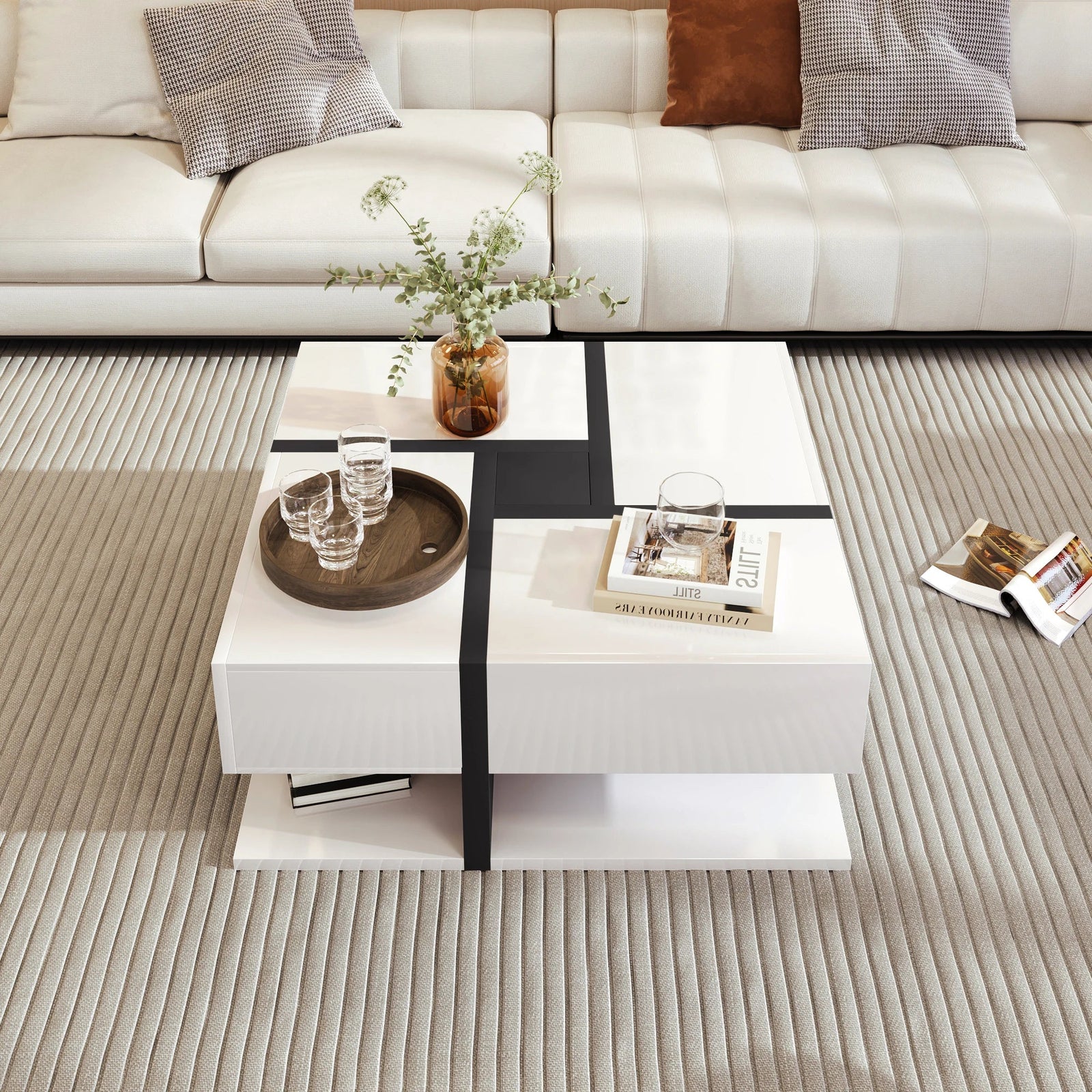 Table basse carrée moderne noire et blanche avec rangements