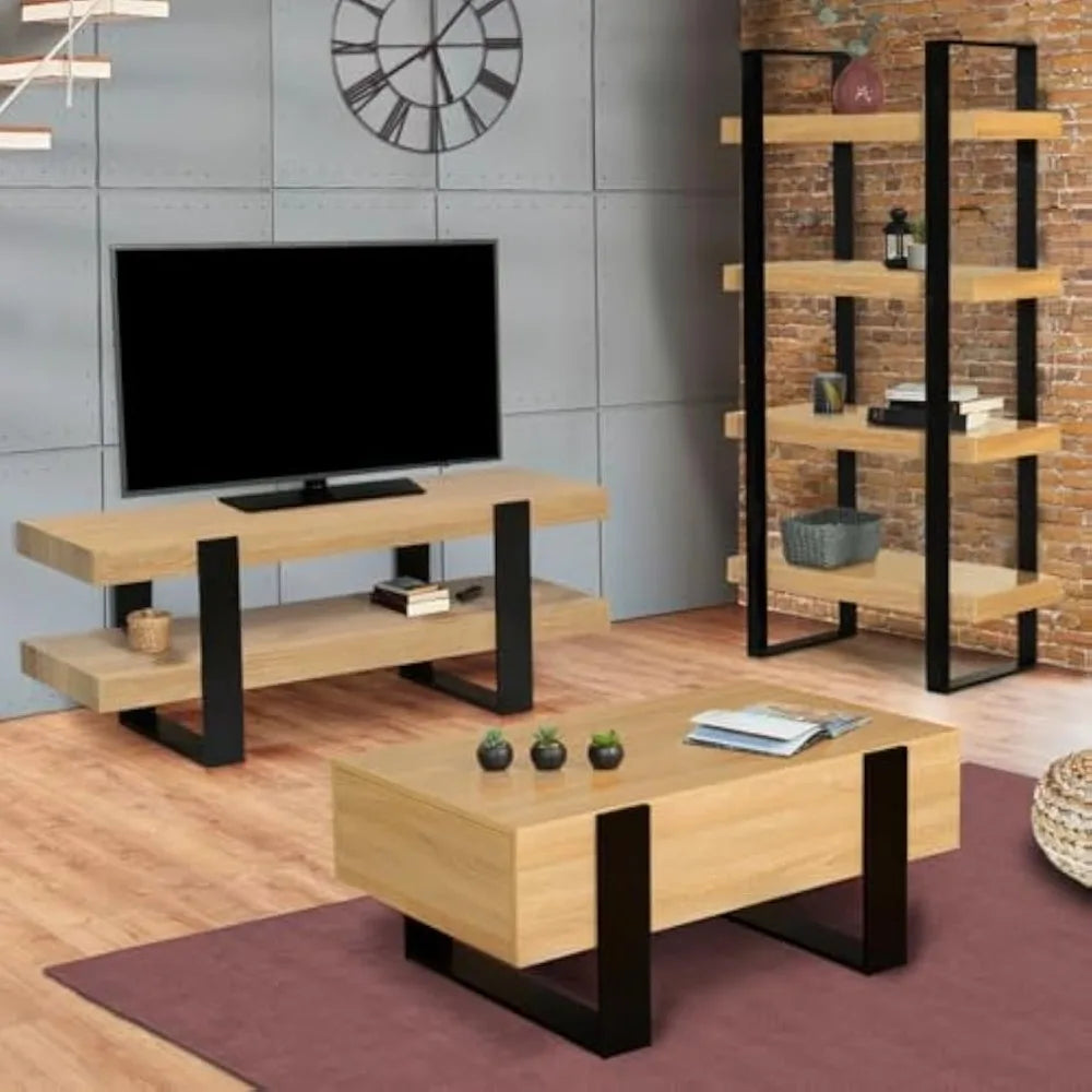 Table basse rectangulaire en bois avec tiroirs au design industriel